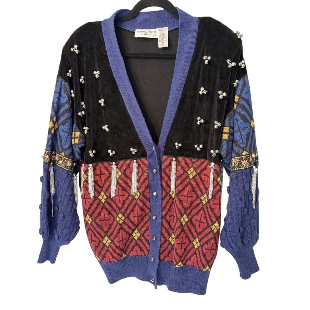 Rare Vtg Bonnie Boerer Cardigan Sweater Womens Medium Black Blue Tassel Bell 80s
